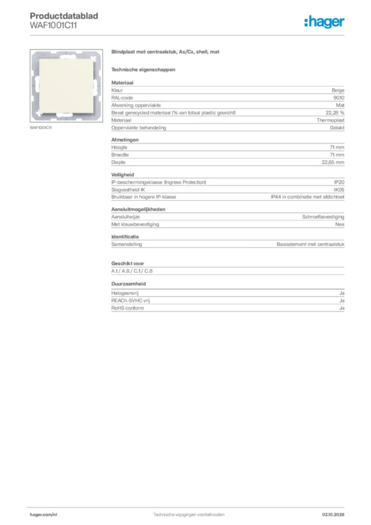 Afbeelding Hager Productdatablad WAF1001C11 | Hager Nederland