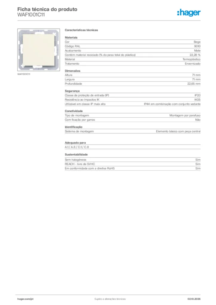 Imagem Hager Ficha técnica do produto WAF1001C11 | Hager Portugal