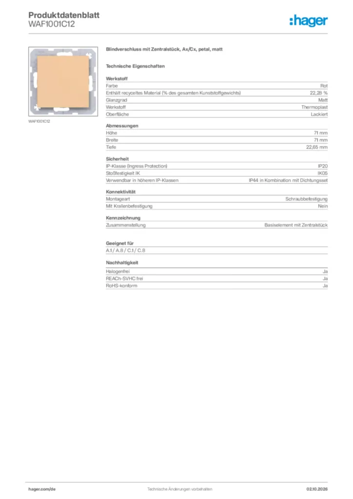 Bild Hager Produktdatenblatt WAF1001C12 | Hager Deutschland