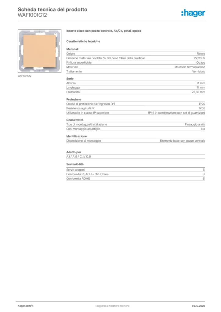 Immagine Hager Scheda tecnica del prodotto WAF1001C12 | Hager Italia