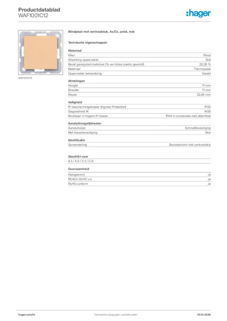 Afbeelding Hager Productdatablad WAF1001C12 | Hager Nederland