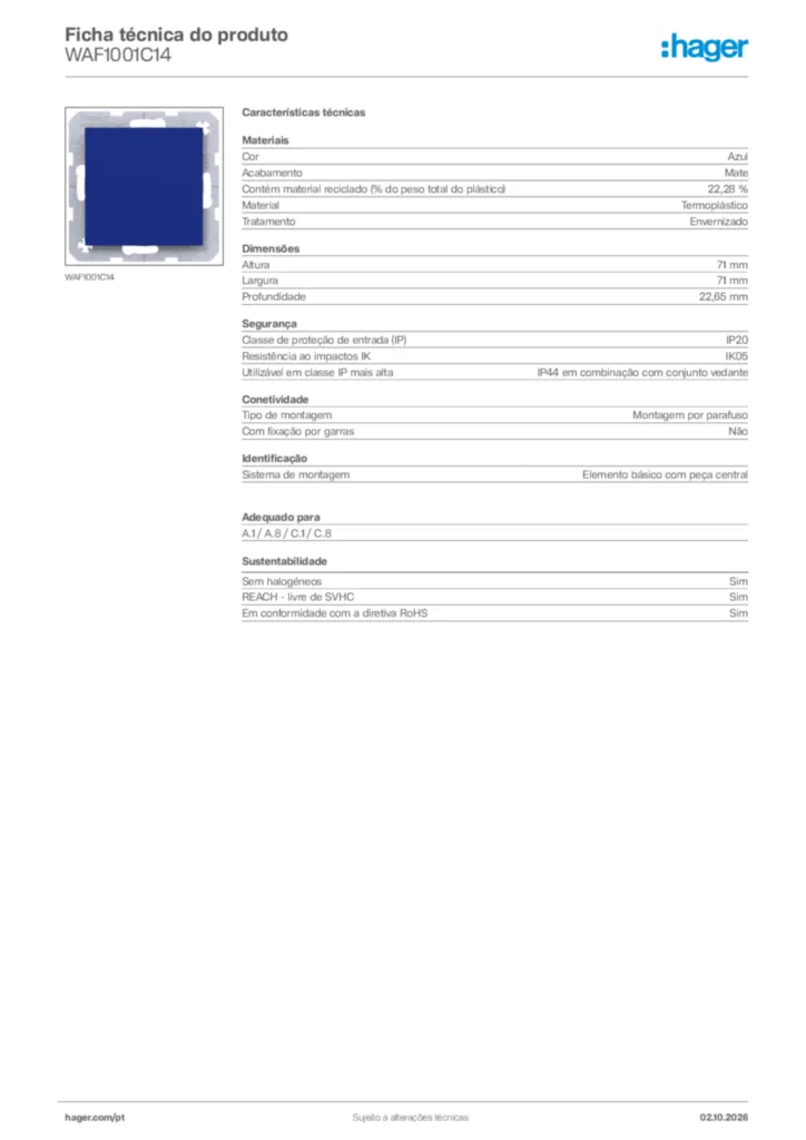 Imagem Hager Ficha técnica do produto WAF1001C14 | Hager Portugal