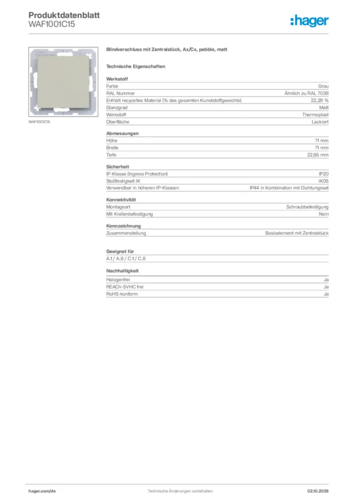 Bild Hager Produktdatenblatt WAF1001C15 | Hager Deutschland