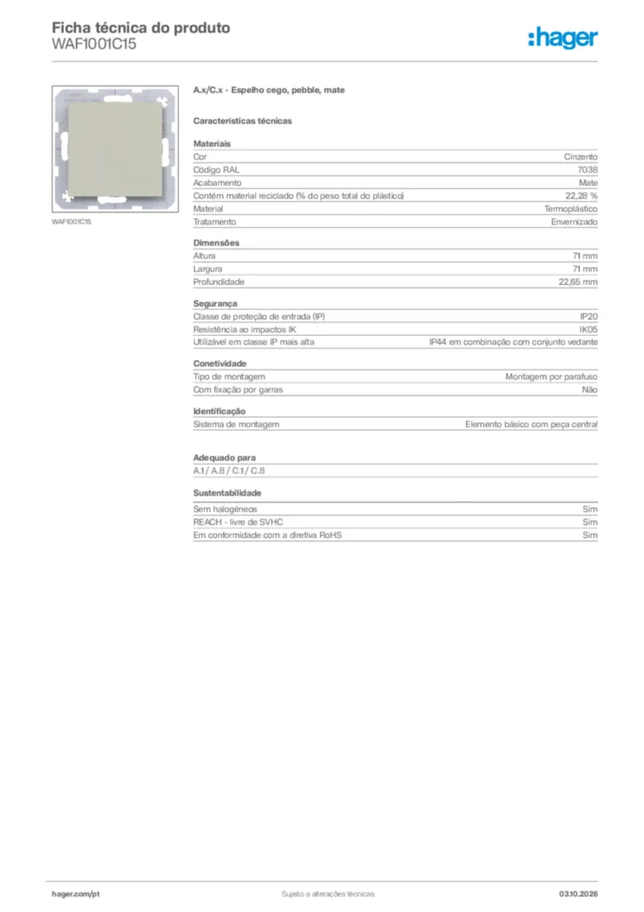 Imagem Hager Ficha técnica do produto WAF1001C15 | Hager Portugal