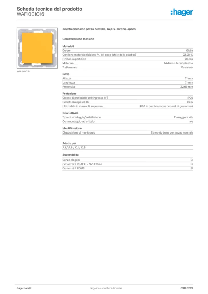 Immagine Hager Scheda tecnica del prodotto WAF1001C16 | Hager Italia