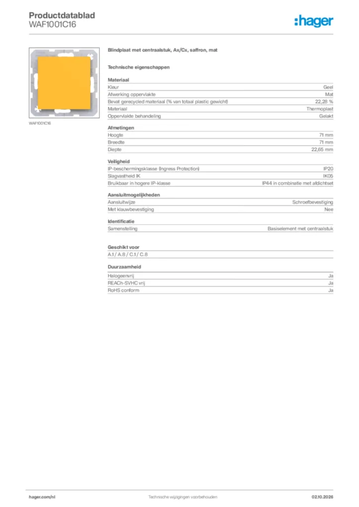 Afbeelding Hager Productdatablad WAF1001C16 | Hager Nederland