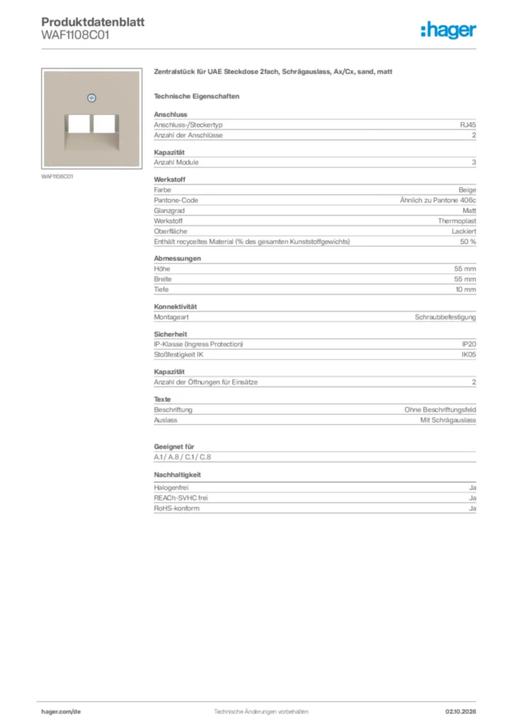 Bild Hager Produktdatenblatt WAF1108C01 | Hager Deutschland