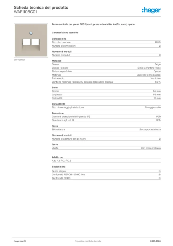 Immagine Hager Scheda tecnica del prodotto WAF1108C01 | Hager Italia