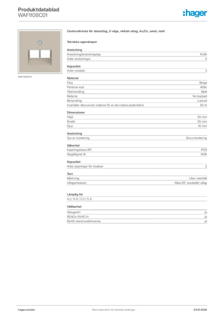 Bild Hager Produktdatablad WAF1108C01 | Hager Sverige