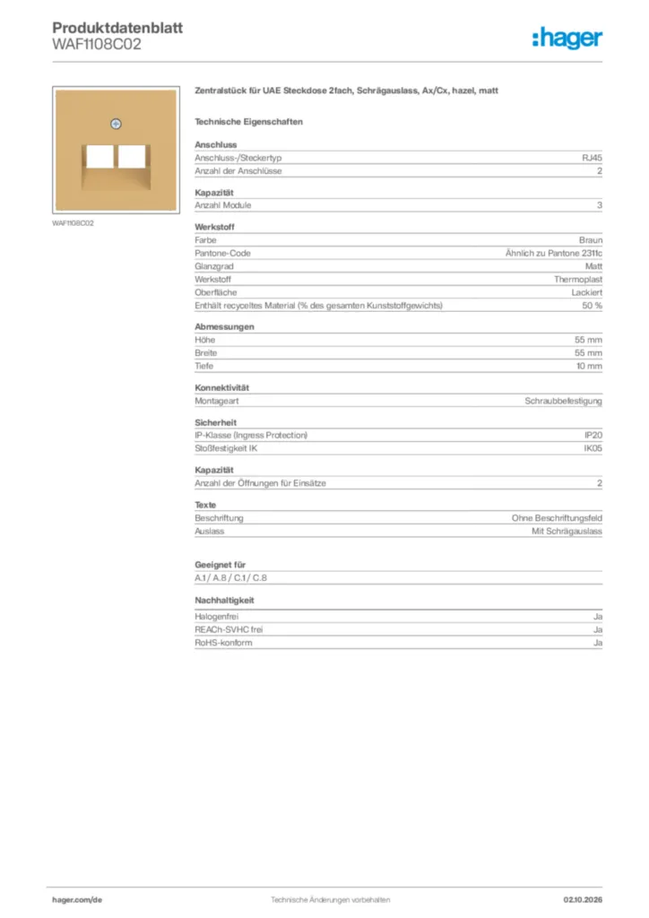 Bild Hager Produktdatenblatt WAF1108C02 | Hager Deutschland