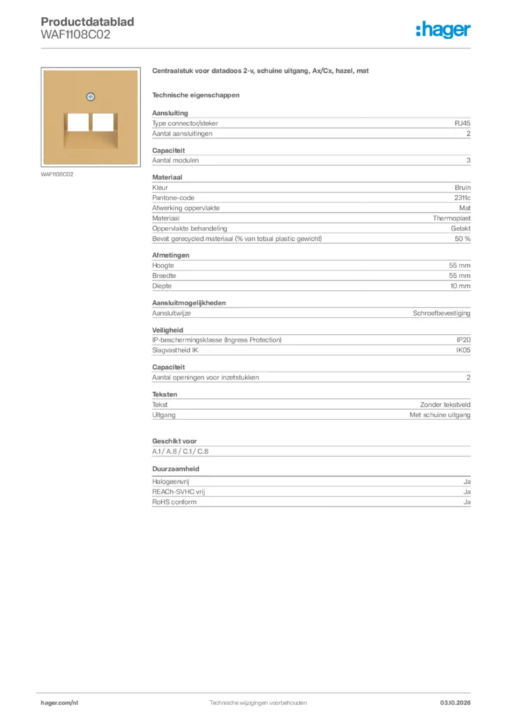 Afbeelding Hager Productdatablad WAF1108C02 | Hager Nederland