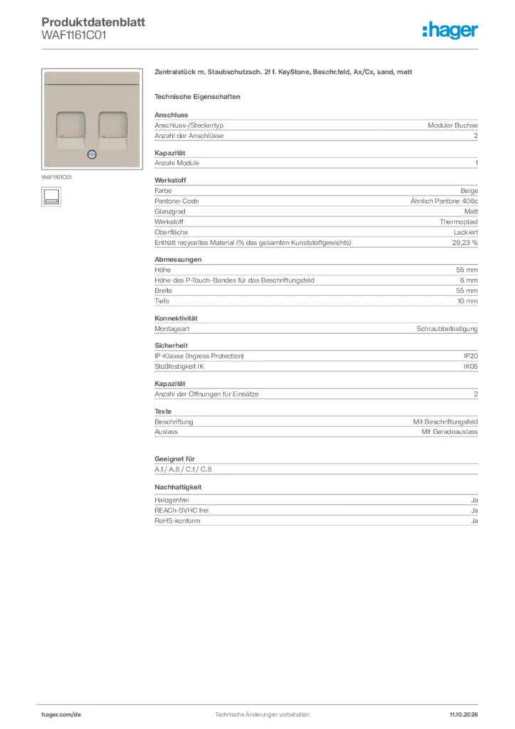 Bild Hager Produktdatenblatt WAF1161C01 | Hager Deutschland