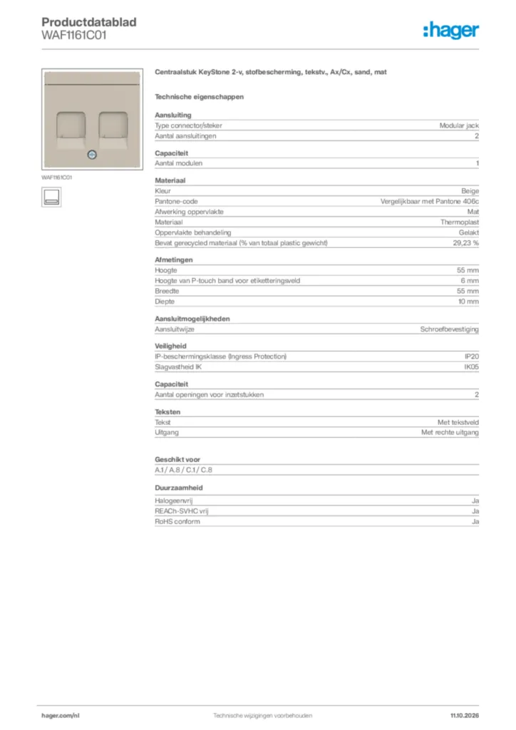 Afbeelding Hager Productdatablad WAF1161C01 | Hager Nederland