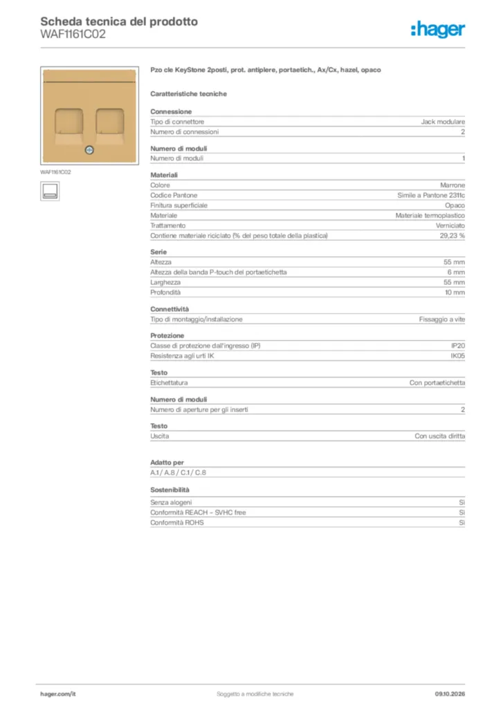 Immagine Hager Scheda tecnica del prodotto WAF1161C02 | Hager Italia