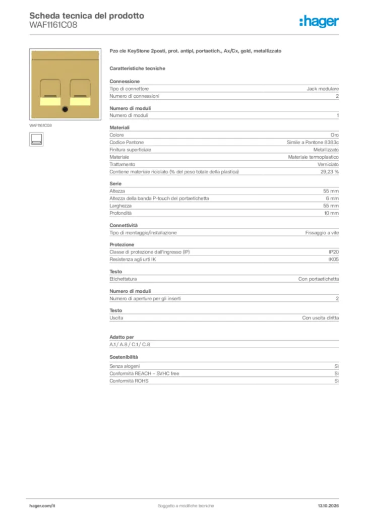 Immagine Hager Scheda tecnica del prodotto WAF1161C08 | Hager Italia