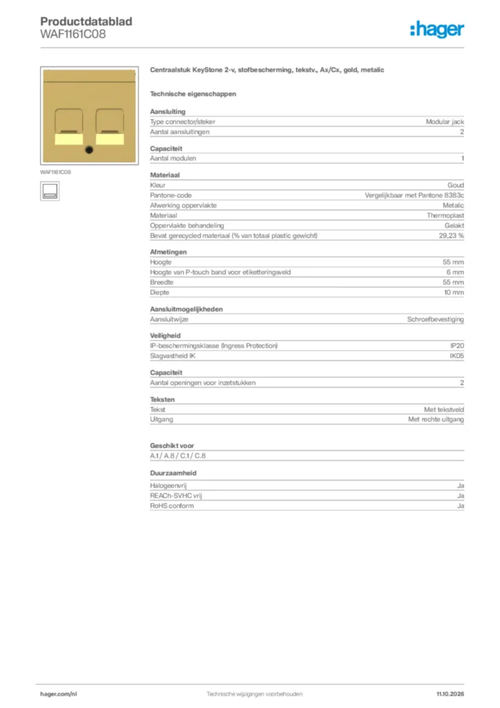 Afbeelding Hager Productdatablad WAF1161C08 | Hager Nederland