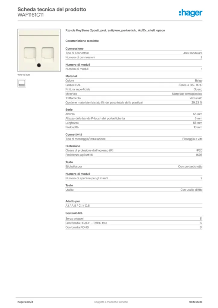 Immagine Hager Scheda tecnica del prodotto WAF1161C11 | Hager Italia