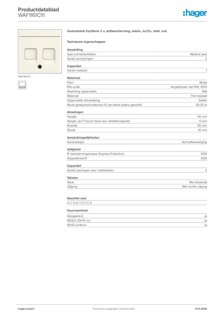 Afbeelding Hager Productdatablad WAF1161C11 | Hager Nederland