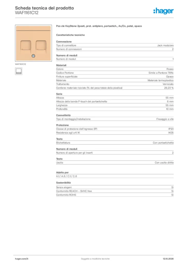 Immagine Hager Scheda tecnica del prodotto WAF1161C12 | Hager Italia