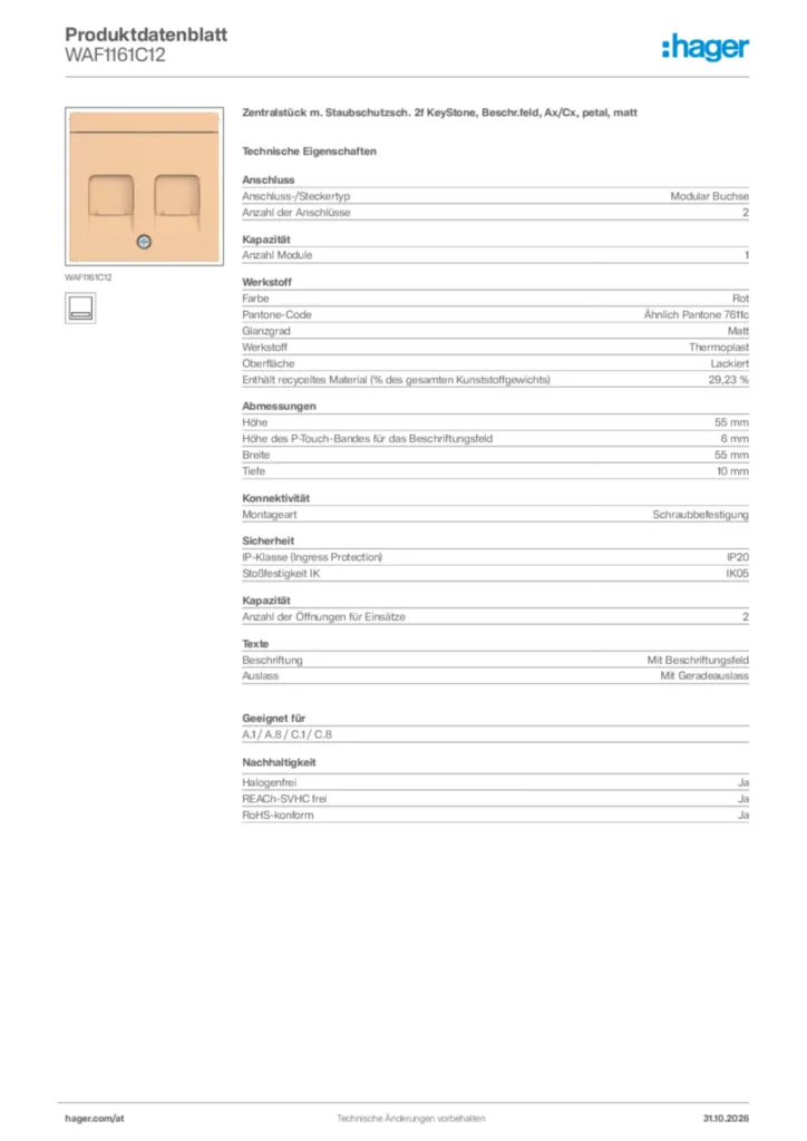 Bild Hager Produktdatenblatt WAF1161C12 | Hager Deutschland