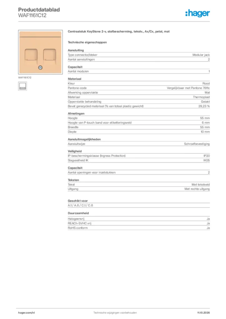 Afbeelding Hager Productdatablad WAF1161C12 | Hager Nederland