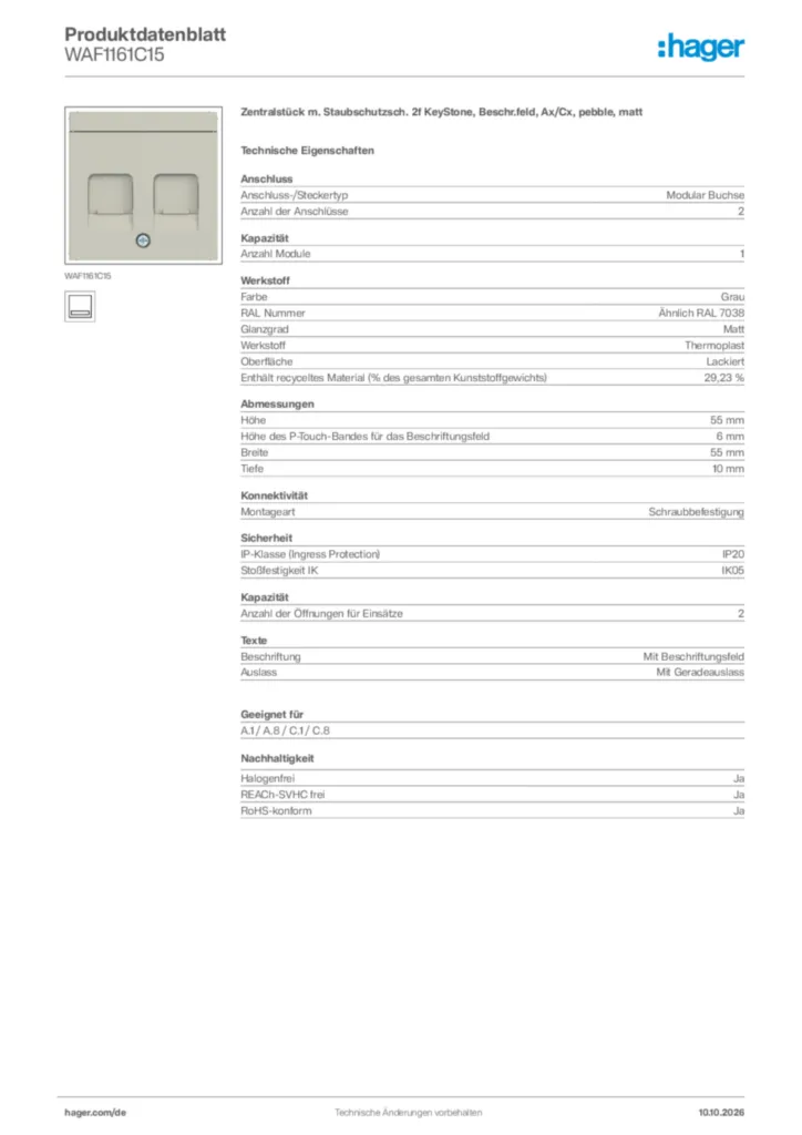 Bild Hager Produktdatenblatt WAF1161C15 | Hager Deutschland