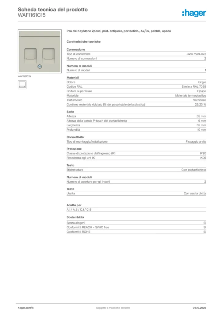 Immagine Hager Scheda tecnica del prodotto WAF1161C15 | Hager Italia