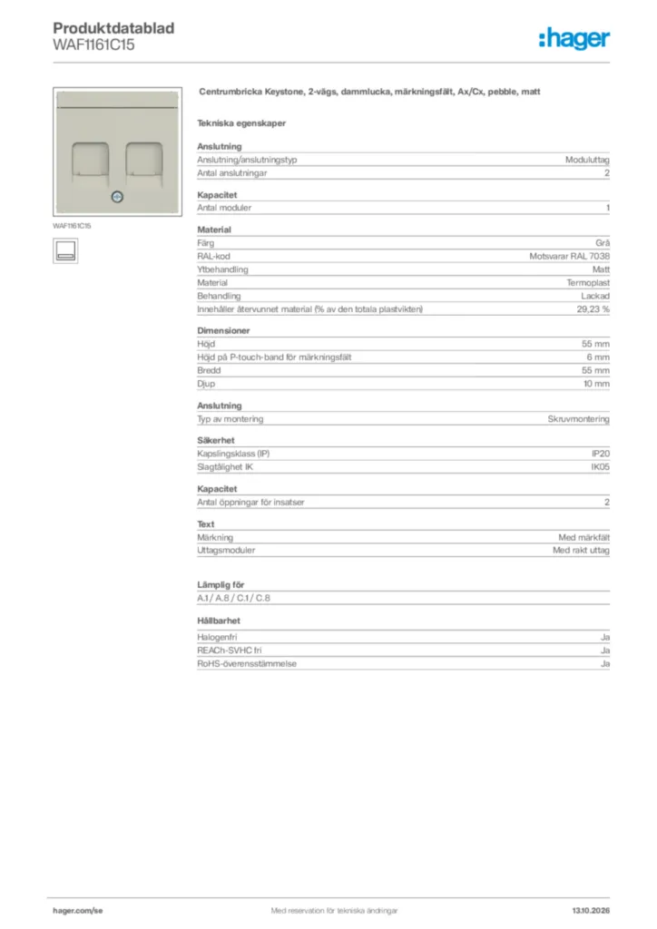 Bild Hager Produktdatablad WAF1161C15 | Hager Sverige