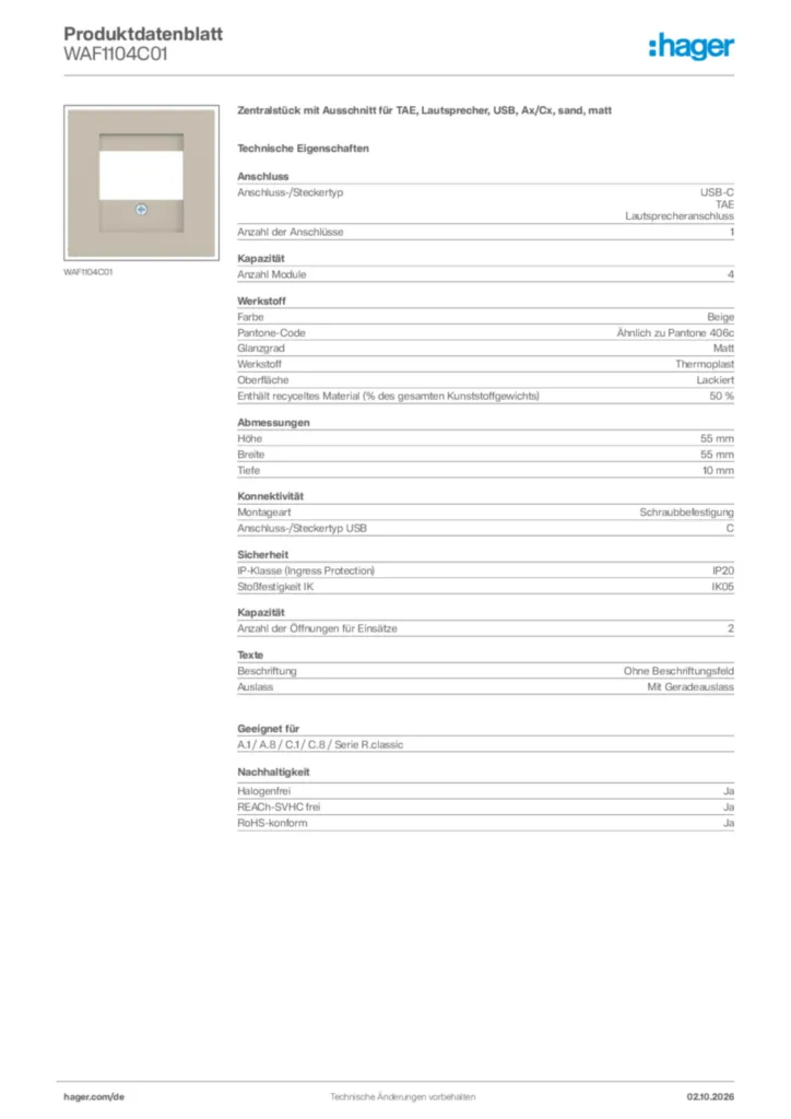 Bild Hager Produktdatenblatt WAF1104C01 | Hager Deutschland