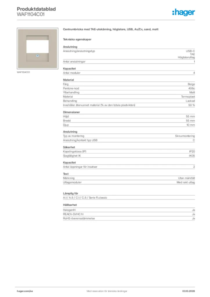 Bild Hager Produktdatablad WAF1104C01 | Hager Sverige