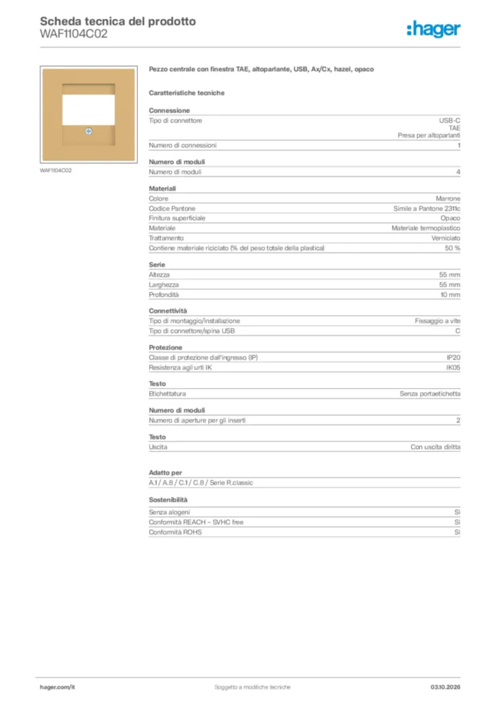 Immagine Hager Scheda tecnica del prodotto WAF1104C02 | Hager Italia