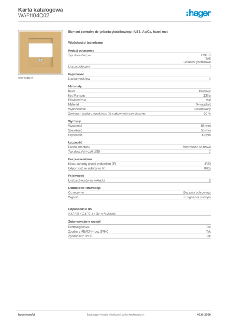 Zdjęcie Hager Karta katalogowa WAF1104C02 | Hager Polska