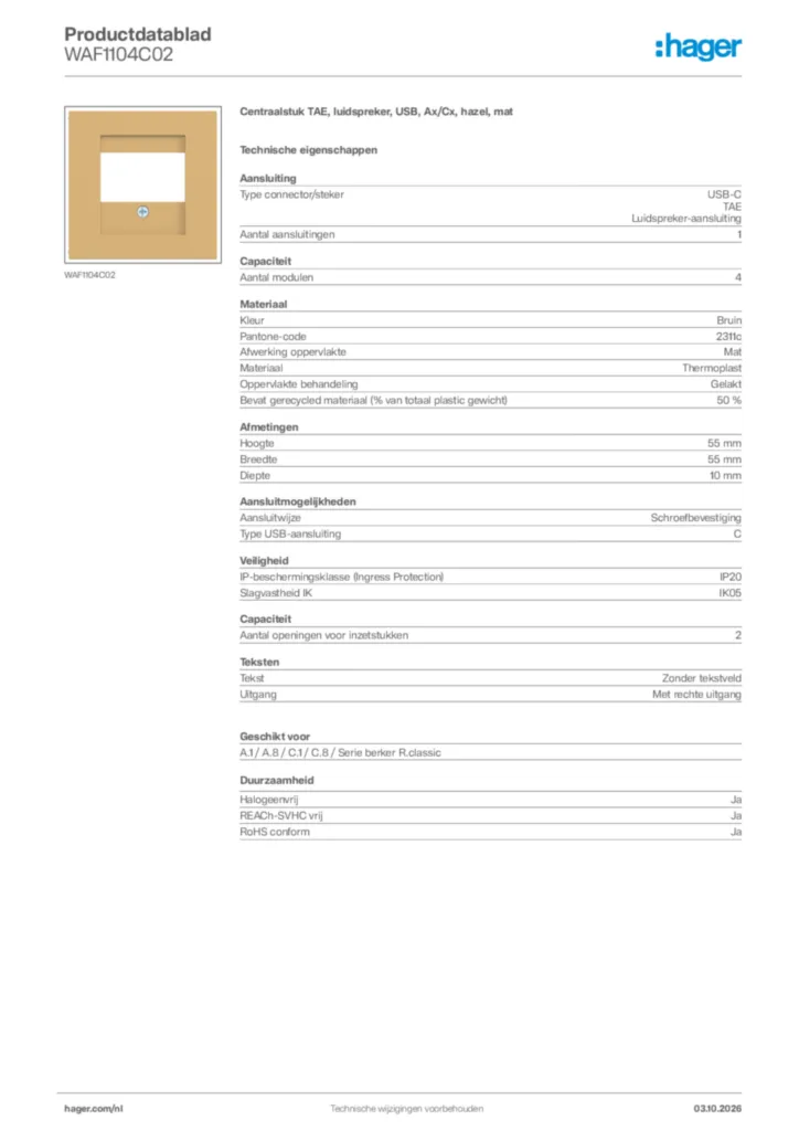 Afbeelding Hager Productdatablad WAF1104C02 | Hager Nederland