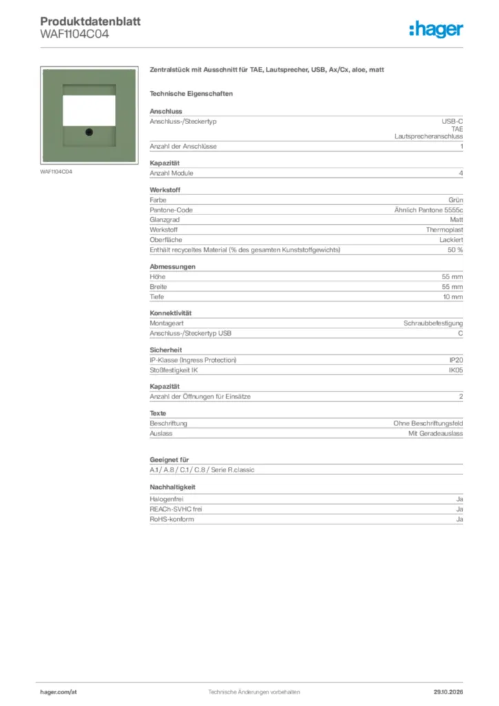 Bild Hager Produktdatenblatt WAF1104C04 | Hager Deutschland