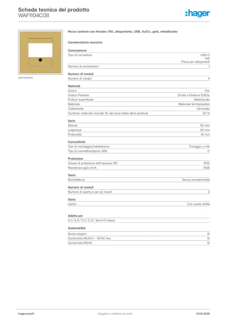 Immagine Hager Scheda tecnica del prodotto WAF1104C08 | Hager Italia