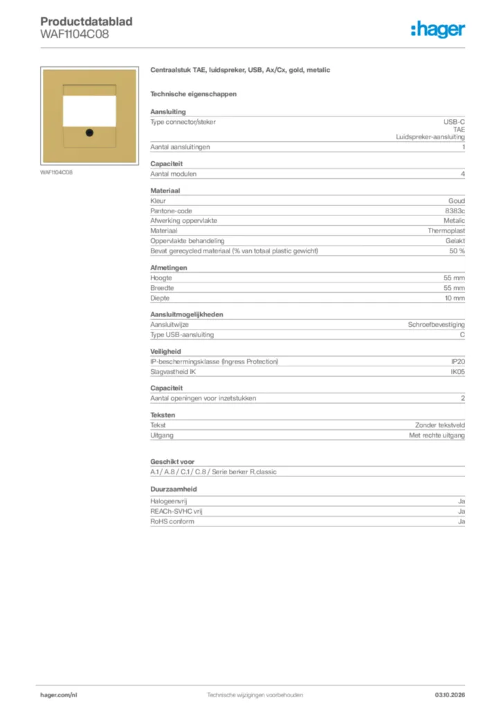 Afbeelding Hager Productdatablad WAF1104C08 | Hager Nederland