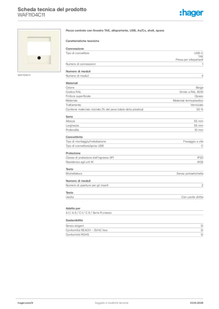Immagine Hager Scheda tecnica del prodotto WAF1104C11 | Hager Italia