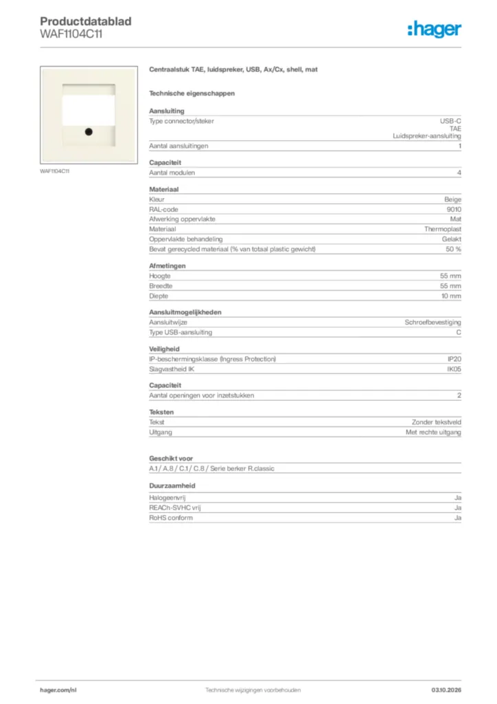 Afbeelding Hager Productdatablad WAF1104C11 | Hager Nederland