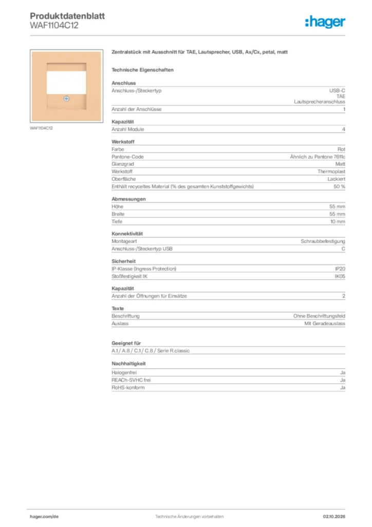 Bild Hager Produktdatenblatt WAF1104C12 | Hager Deutschland
