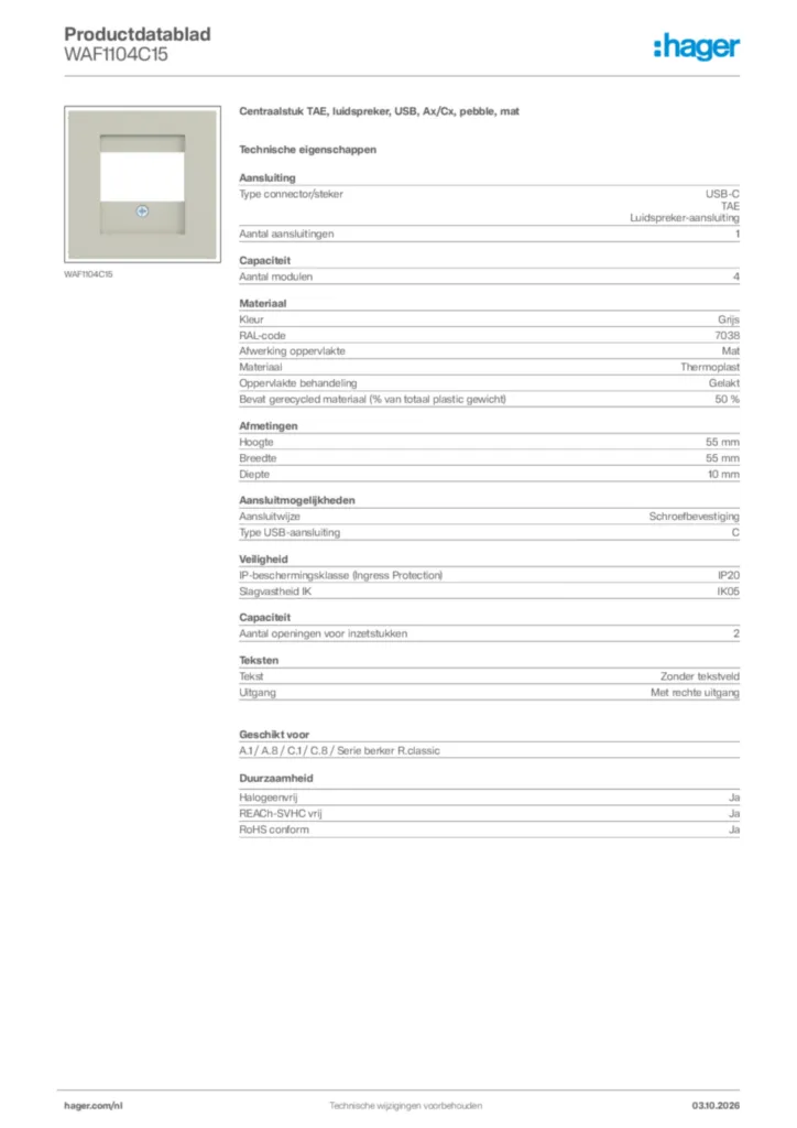 Afbeelding Hager Productdatablad WAF1104C15 | Hager Nederland