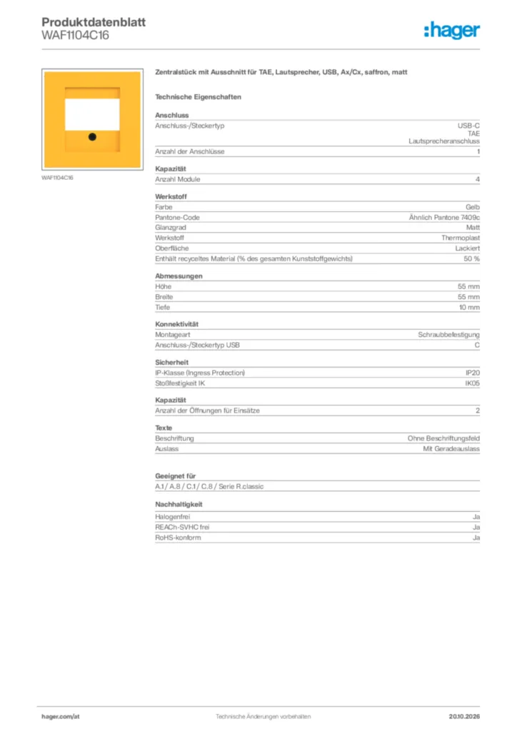 Bild Hager Produktdatenblatt WAF1104C16 | Hager Deutschland