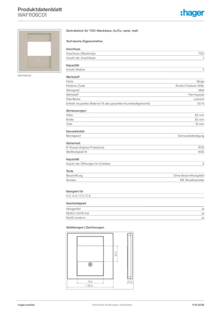 Bild Hager Produktdatenblatt WAF1106C01 | Hager Deutschland