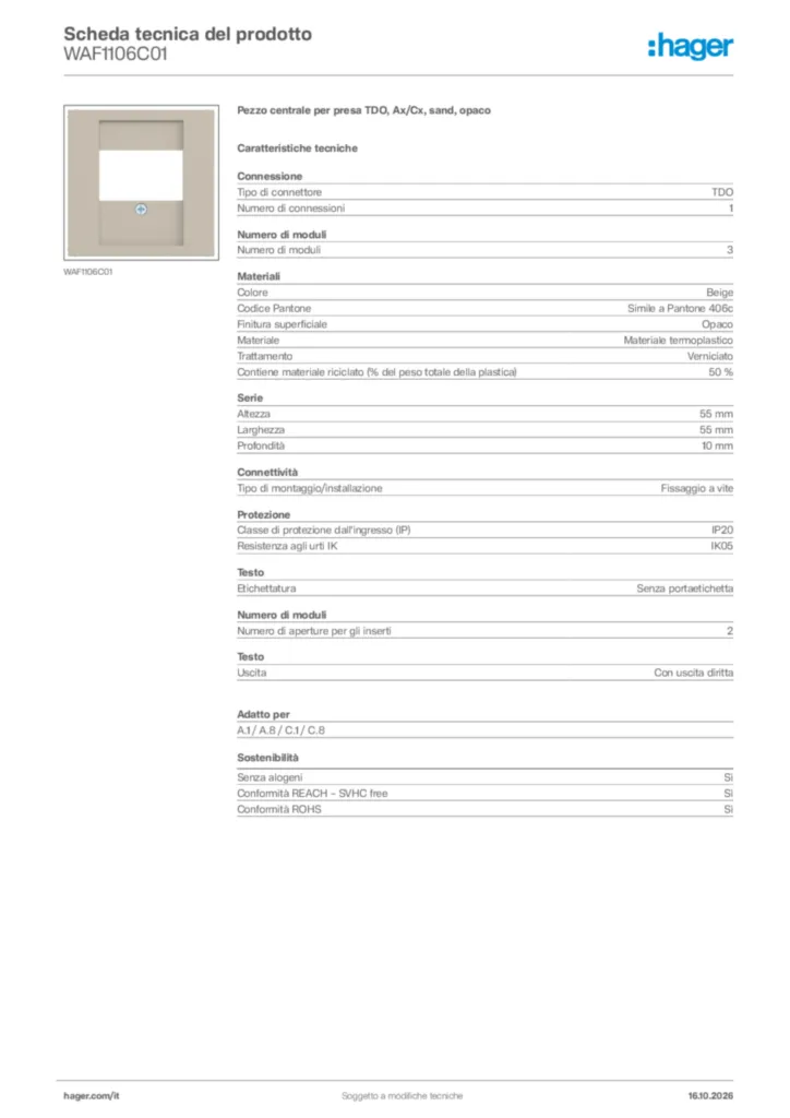 Immagine Hager Scheda tecnica del prodotto WAF1106C01 | Hager Italia