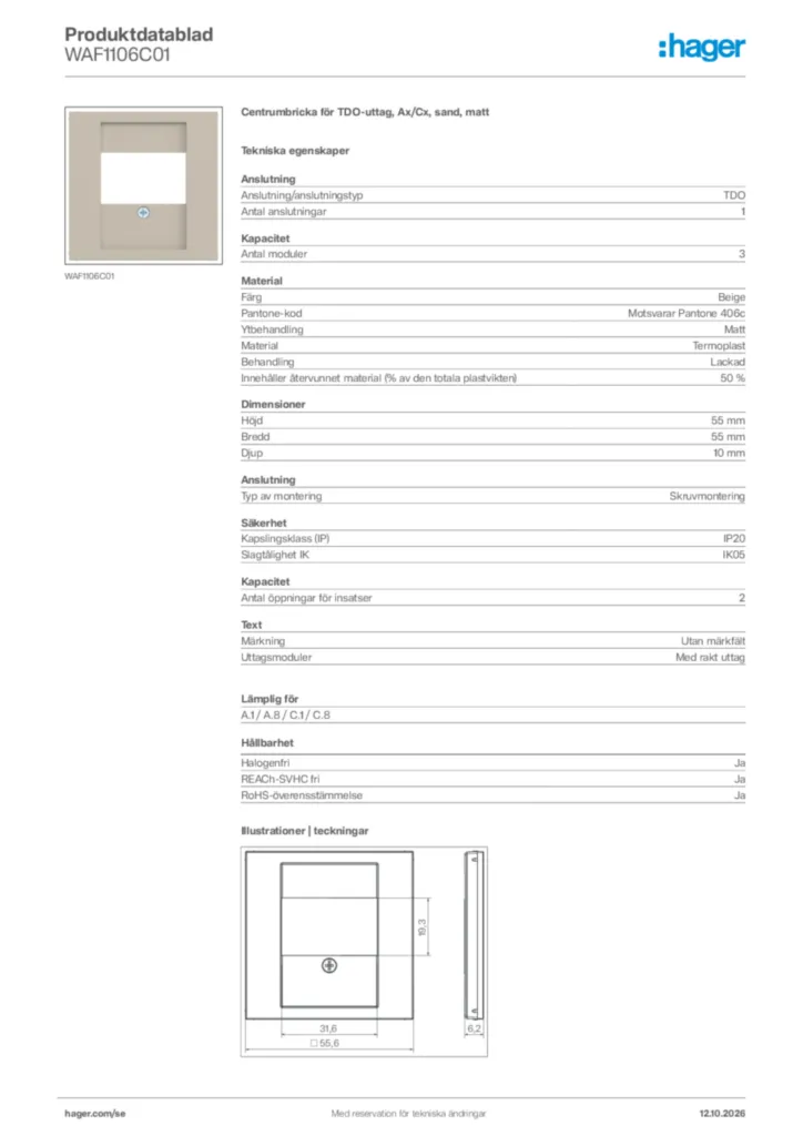 Bild Hager Produktdatablad WAF1106C01 | Hager Sverige