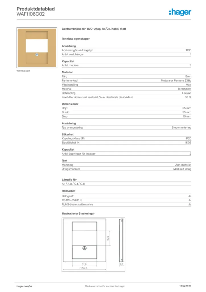 Bild Hager Produktdatablad WAF1106C02 | Hager Sverige
