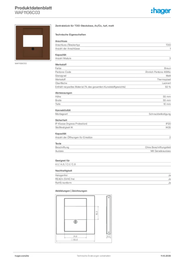 Bild Hager Produktdatenblatt WAF1106C03 | Hager Deutschland
