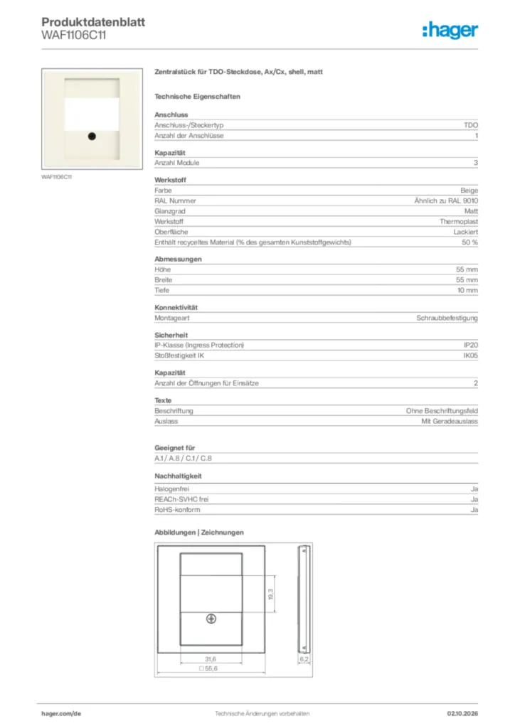 Bild Hager Produktdatenblatt WAF1106C11 | Hager Deutschland