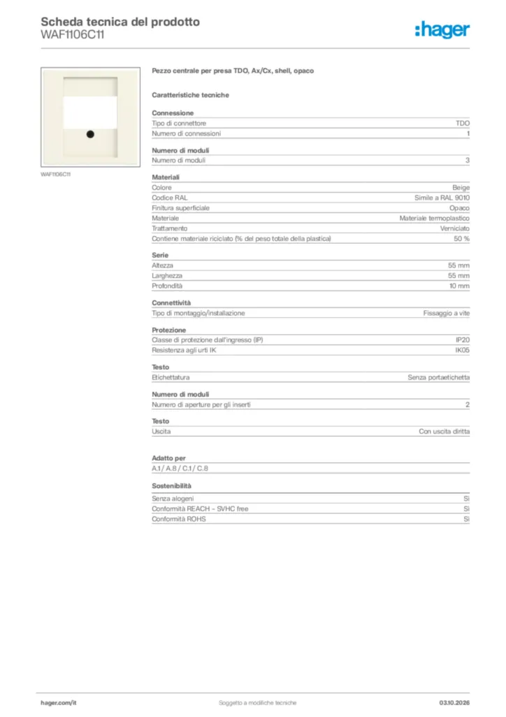 Immagine Hager Scheda tecnica del prodotto WAF1106C11 | Hager Italia
