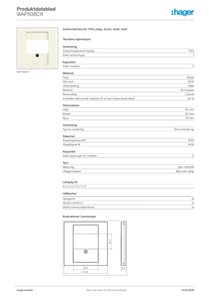 Bild Hager Produktdatablad WAF1106C11 | Hager Sverige