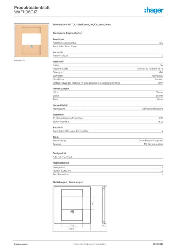 Bild Hager Produktdatenblatt WAF1106C12 | Hager Deutschland